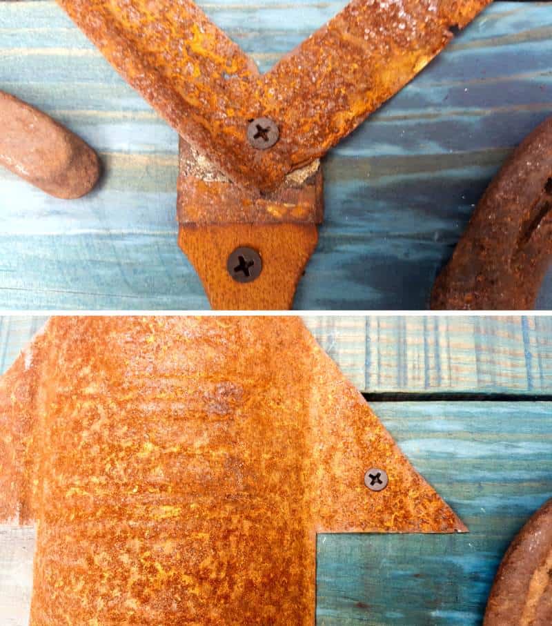 Screw the scrap metal bits into the repurpose pallet sign #Upcycling #Benefits #UpcycleSign #ACraftyMix #RepurposedLetters #RustyAlphabet #UpcycleStrong #InThisTogether #UpcyclingIdeas