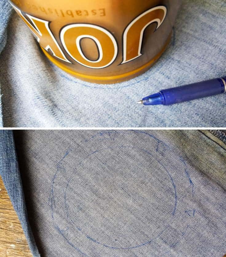 Trace around the tin can and cut a circle for later #DIYDenim #DenimIdeas #DenimMobile #DenimUpcycleIdeas #ACraftyMix #DenimUpcycle #DIYWindChime #TinCanRecycle #TinCanMobile #DenimWindChime