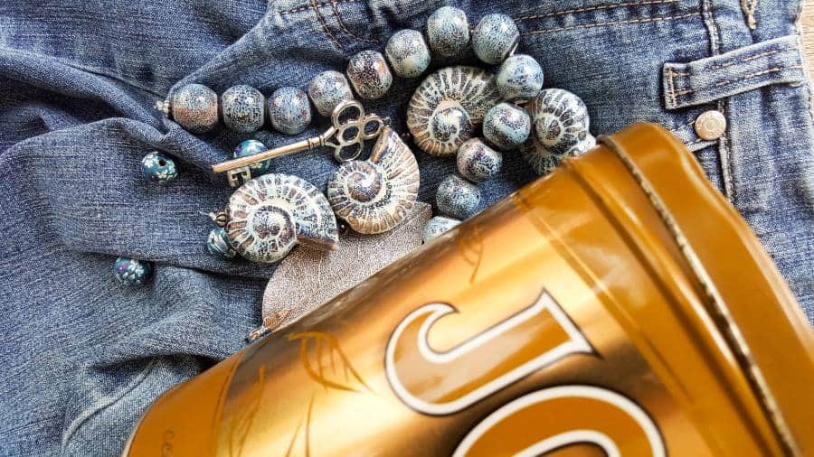 What you need to make the upcycled denim wind chime with beads and charms  #DIYDenim #DenimIdeas #DenimMobile #DenimUpcycleIdeas #ACraftyMix #DenimUpcycle #DIYWindChime #TinCanRecycle #TinCanMobile #DenimWindChime