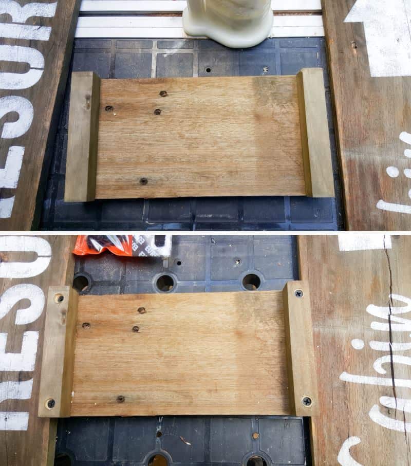 Add the 2 x 2 by gluing and screwing them onto the base #DIYBirdFeeder #RecycledBirdFeeder #RusticBirdFeeder #aCraftyMix #Woodenbirdfeeder #PalletBirdFeeder #UniqueBirdFeeder