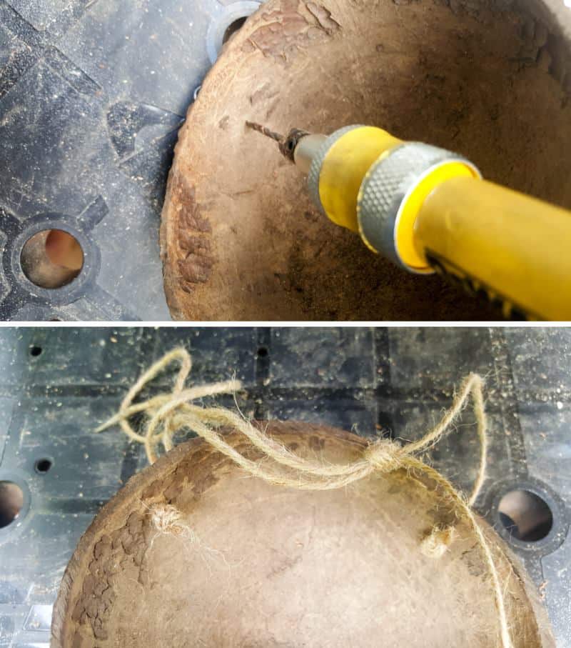 Drill three holes into the bowl or coconut husk and add twine #DIYBirdFeeder #RecycledBirdFeeder #RusticBirdFeeder #aCraftyMix #Woodenbirdfeeder #PalletBirdFeeder #UniqueBirdFeeder
