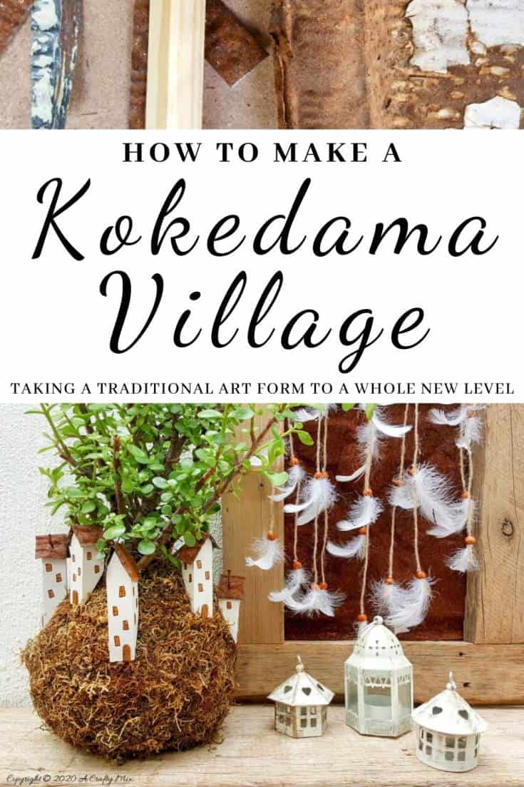 Take your moss ball string garden to the next level with this cute kokedama fairy village. Easy to make and customize. #EcoFriendly #Kokedama #FairyVillage #ACraftyMix #EasyGardenCraft #MossBalls #SpekBoom #kokedamaIdeas #StringGarden #IndoorPlants #EnvironmentDay 