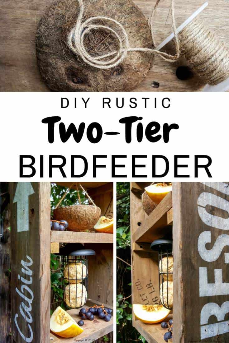 A DIY bird feeder is a great way to make your feathered friends feel at home and look after them when food sources are scarce. This rustic two tier bird feeder is quick to put together and the tiers make it easy to serve them a smorgasbord of treats too. #DIYBirdFeeder #RecycledBirdFeeder #RusticBirdFeeder #aCraftyMix #Woodenbirdfeeder #PalletBirdFeeder #UniqueBirdFeeder