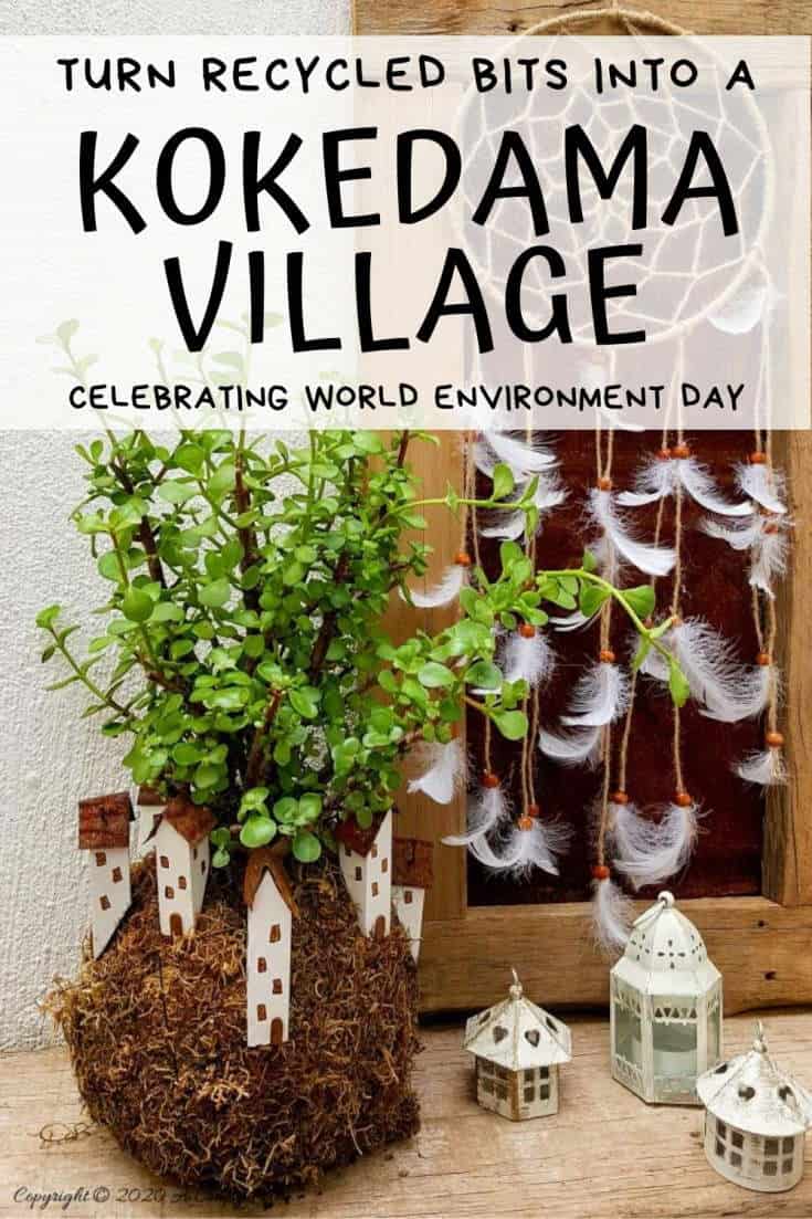 Take your moss ball string garden to the next level with this cute kokedama fairy village. Easy to make and customize. #EcoFriendly #Kokedama #FairyVillage #ACraftyMix #EasyGardenCraft #MossBalls #SpekBoom #kokedamaIdeas #StringGarden #IndoorPlants #EnvironmentDay 