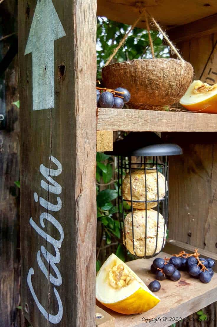 A DIY bird feeder is a great way to make your feathered friends feel at home and look after them when food sources are scarce. This rustic two tier bird feeder is quick to put together and the tiers make it easy to serve them a smorgasbord of treats too. #DIYBirdFeeder #RecycledBirdFeeder #RusticBirdFeeder #aCraftyMix #Woodenbirdfeeder #PalletBirdFeeder #UniqueBirdFeeder