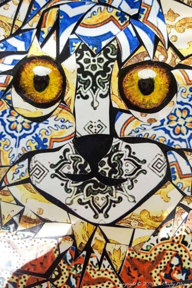 If you hate to grout you’re going to love this tutorial that shows you how to create a beautiful mosaic without the mess. You can also download a free template that will guide you in making the mosaic. #NoGroutMosaic #DIYMosaic #ACraftyMix #MosaicIdeas #VinylTileMosaic