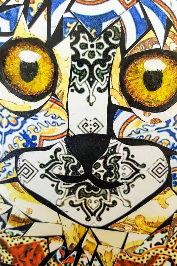 If you hate to grout you&rsquo;re going to love this tutorial that shows you how to create a beautiful mosaic without the mess. You can also download a free template that will guide you in making the mosaic. #NoGroutMosaic #DIYMosaic #ACraftyMix #MosaicIdeas #VinylTileMosaic