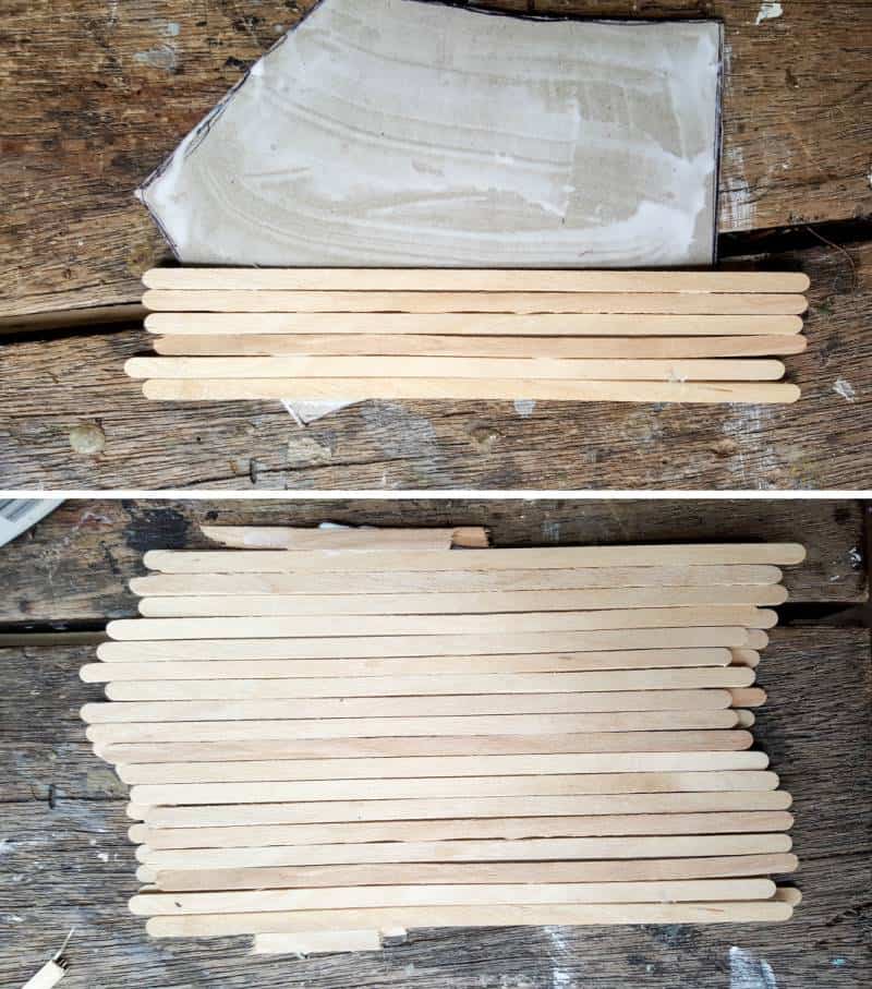 Cover both sides of the cardboard with ice-cream or popsicle sticks. It will make the door stronger #FairydoorDIY #FairyDoorIdeas #ACraftyMix #MakeAFairyDoor #MiniatureStainedGlass #AlcoholInk