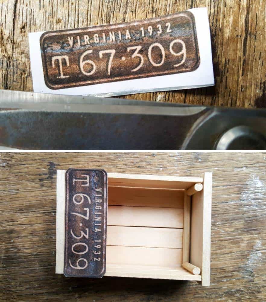 Cut around the license plate and glue it onto the mini crate