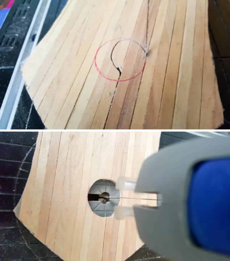 Measure and cut a hole in the door to fit the stained glass window #FairydoorDIY #FairyDoorIdeas #ACraftyMix #MakeAFairyDoor #MiniatureStainedGlass #AlcoholInk