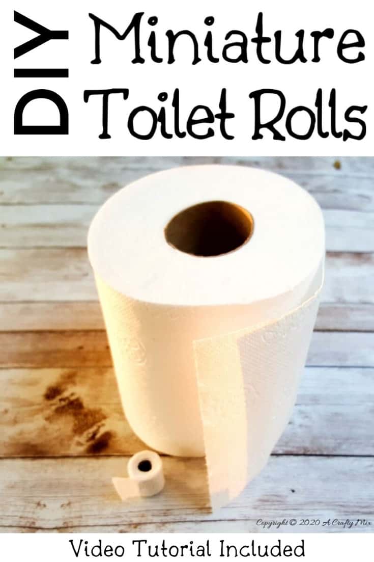 The video tutorial will show you how to make tiny toilet paper and includes step-by-step instructions to make a cute toilet paper crate too #MiniatureToiletPaperDIY #ACraftyMix #VideoTutorial