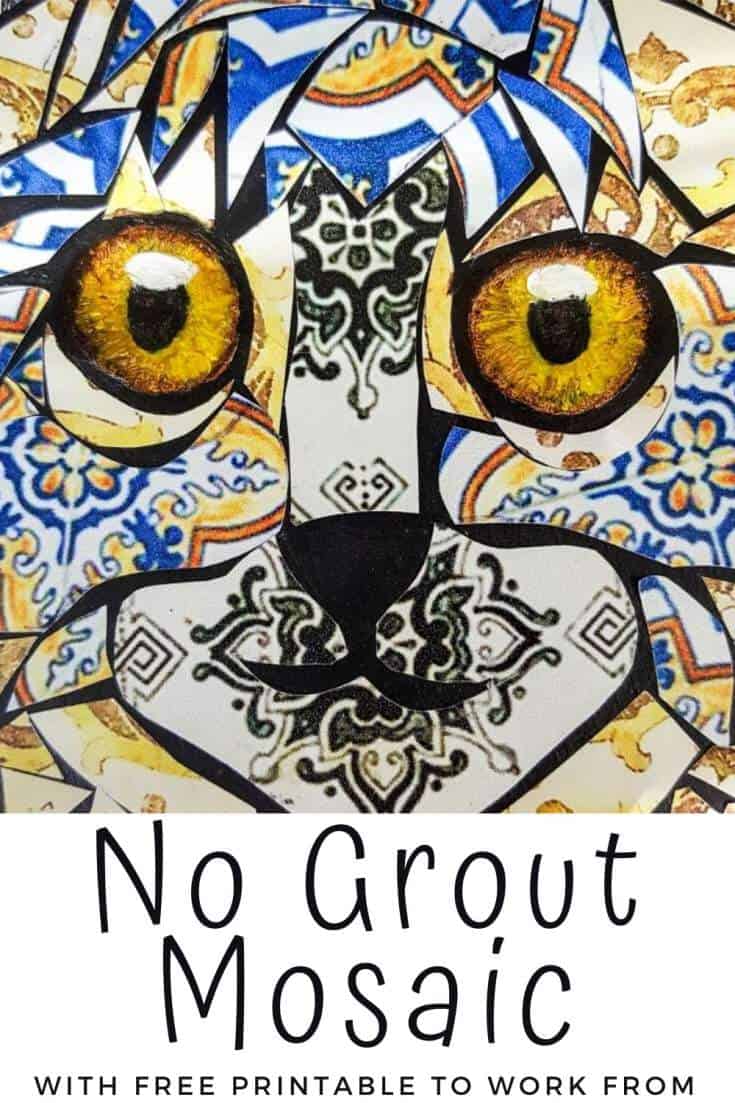 If you hate to grout you&rsquo;re going to love this tutorial that shows you how to create a beautiful mosaic without the mess. You can also download a free template that will guide you in making the mosaic. #NoGroutMosaic #DIYMosaic #ACraftyMix #MosaicIdeas #VinylTileMosaic