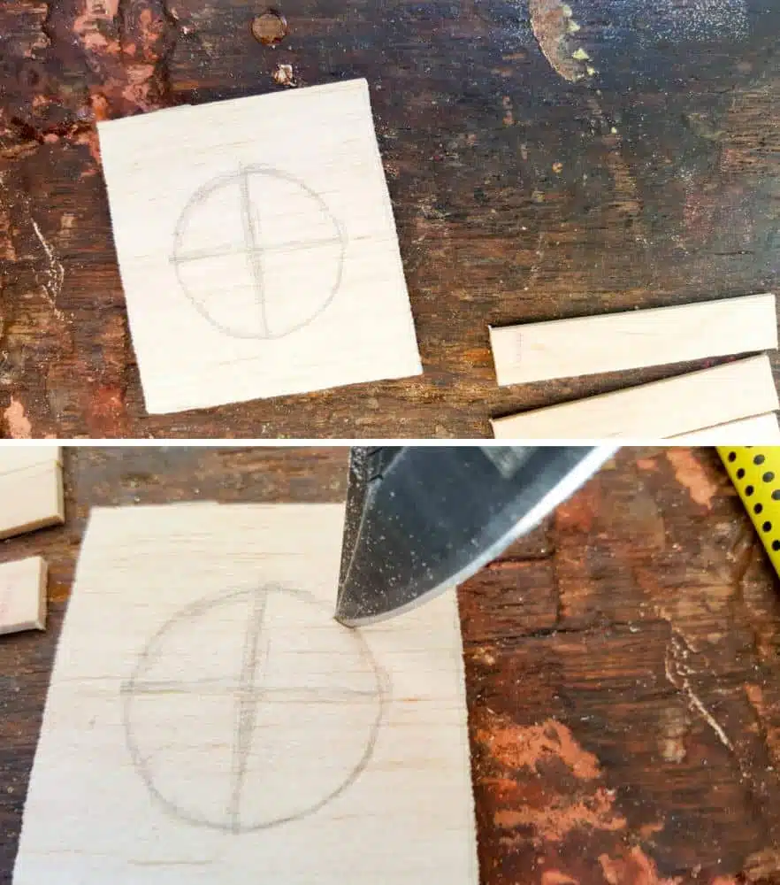 Find the centre of the balsa wood and cut a circle using a sharp craft knife