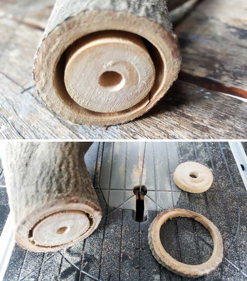 To make the window frame use a hole saw and then cut the branch into a thin sliver #FairydoorDIY #FairyDoorIdeas #ACraftyMix #MakeAFairyDoor #MiniatureStainedGlass #AlcoholInk
