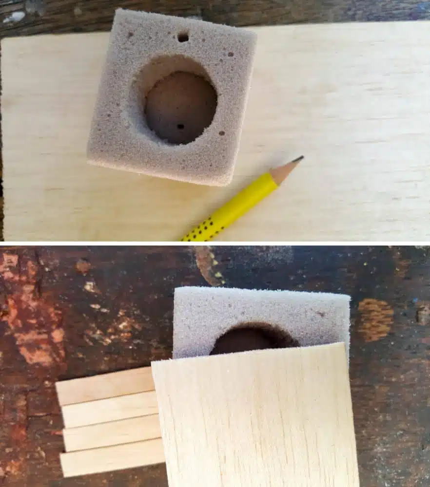 Measure and a hole in the balsa wood to go over the toilet