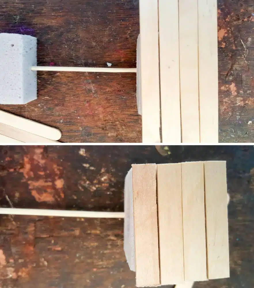 Measure the sides of the florist foam and cut the ice cream or popsicle sticks to size