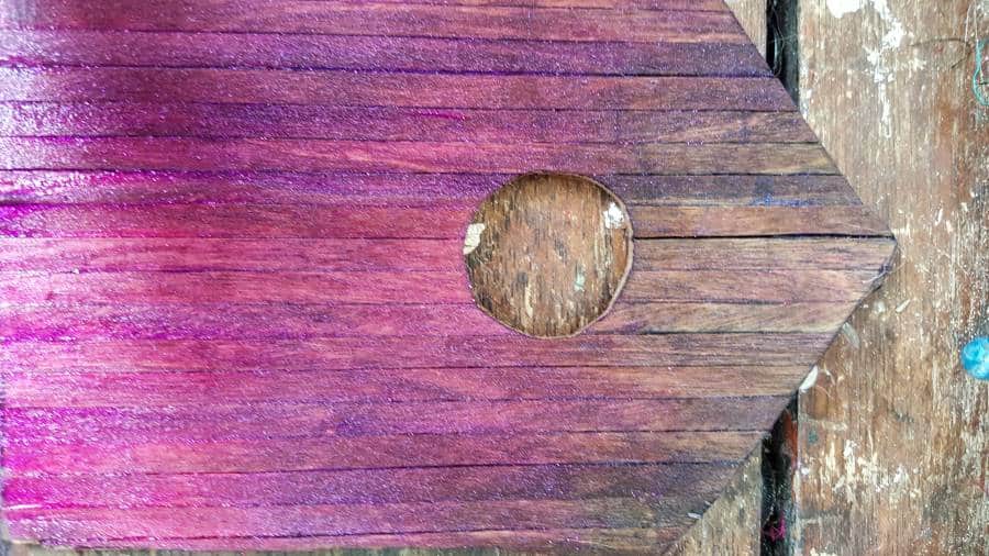 A close up of the Unicorn SPiT Ombre effect painted on the door #FairydoorDIY #FairyDoorIdeas #ACraftyMix #MakeAFairyDoor #MiniatureStainedGlass #AlcoholInk