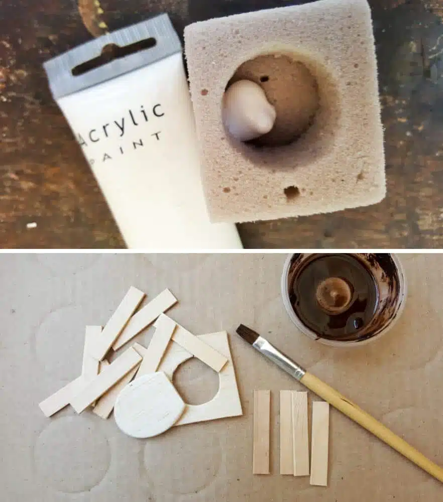 Paint the bowl portion white and stain the cut wooden pieces that will make up the outer cover of the miniature toilet