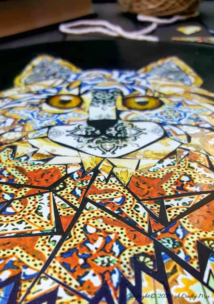 If you hate to grout you&rsquo;re going to love this tutorial that shows you how to create a beautiful mosaic without the mess. You can also download a free template that will guide you in making the mosaic. #NoGroutMosaic #DIYMosaic #ACraftyMix #MosaicIdeas #VinylTileMosaic
