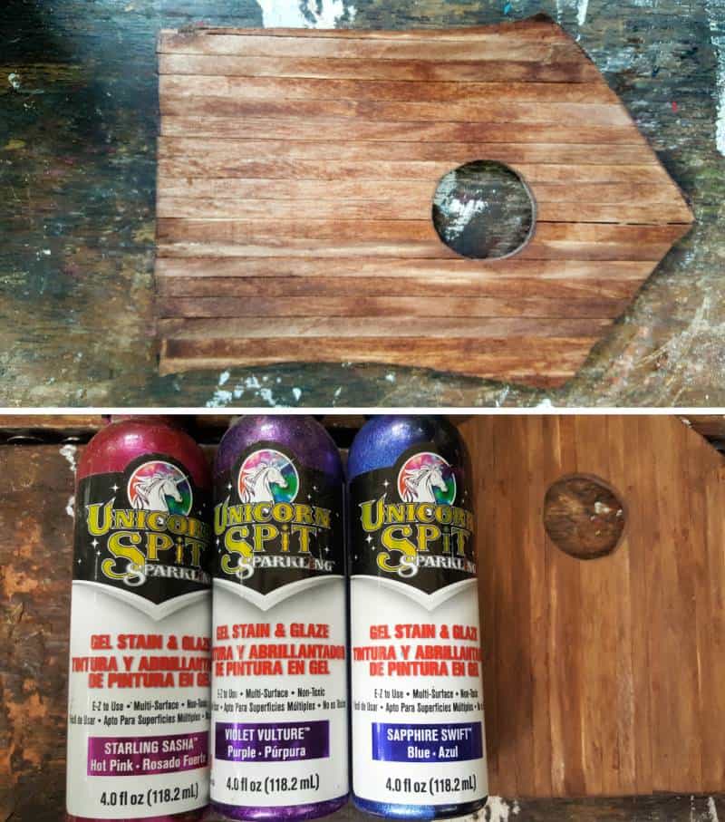 Stain and paint the fairy door in a color of your choice #FairydoorDIY #FairyDoorIdeas #ACraftyMix #MakeAFairyDoor #MiniatureStainedGlass #AlcoholInk
