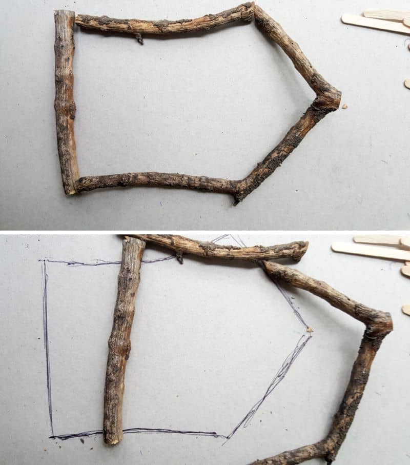 Trace around the branch frame to create a template #FairydoorDIY #FairyDoorIdeas #ACraftyMix #MakeAFairyDoor #MiniatureStainedGlass #AlcoholInk