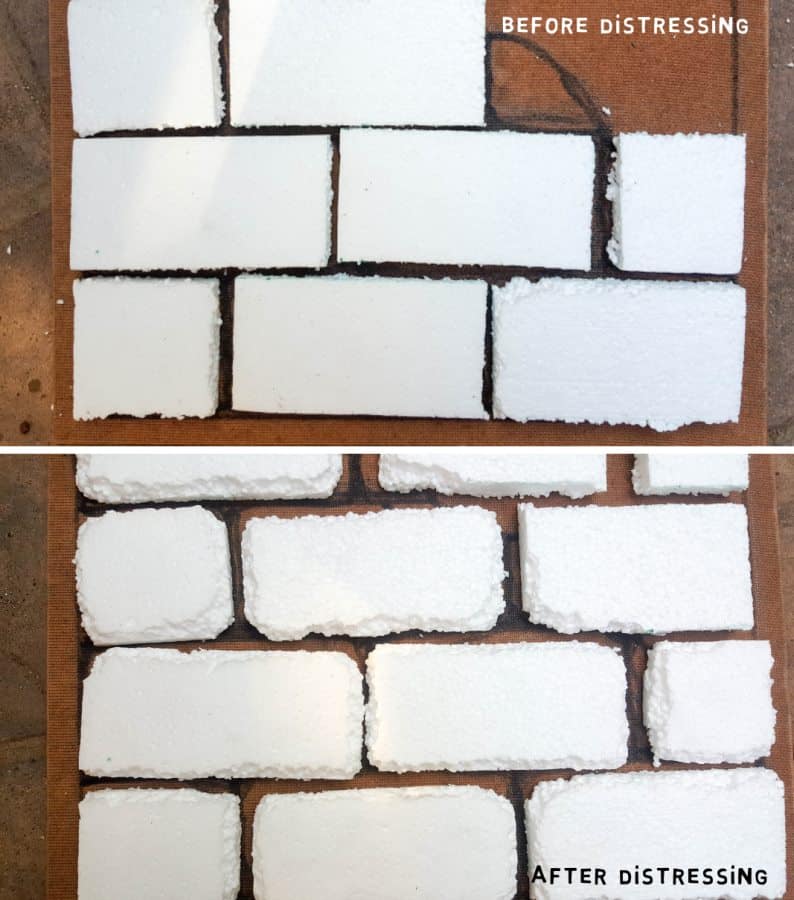 A glimpse of the before and after faux bricks once they've been distressed with your finger nails