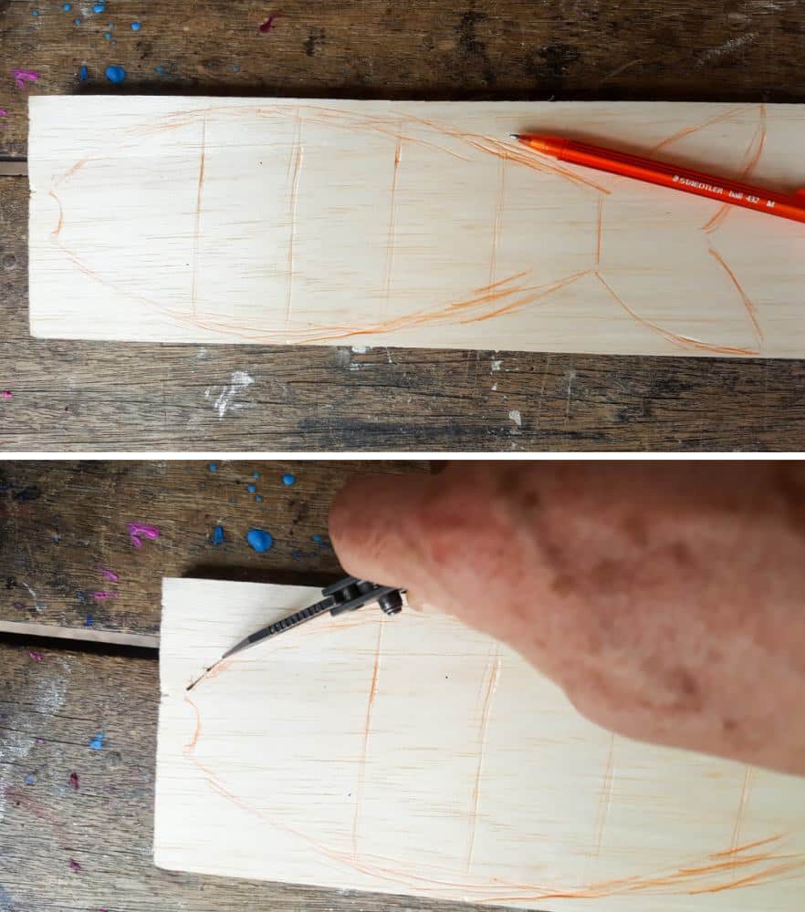 Sketch a fish shape onto a piece of balsa wood or cardboard and cut with a sharp craft knife