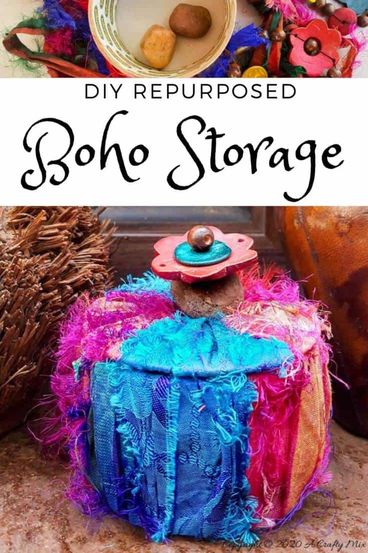 Don&rsquo;t throw that empty duct tape roll away until you&rsquo;ve seen how easy it is to turn it into this gorgeous boho storage. They make great gift boxes too. #DuctTape #StorageIdeas #ACraftyMix #RepurposeIdeas #BohoDIYIdeas #RecycledStorage #PackingTape