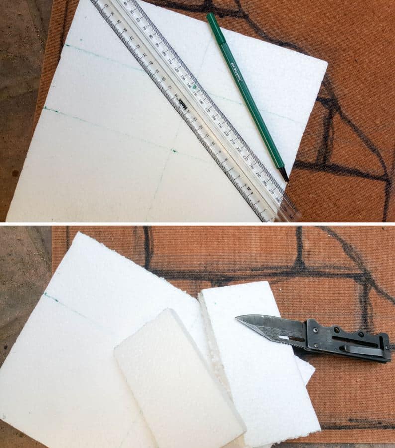Measure and cut your faux bricks from polystyrene (styrofoam) using a sharp craft knife