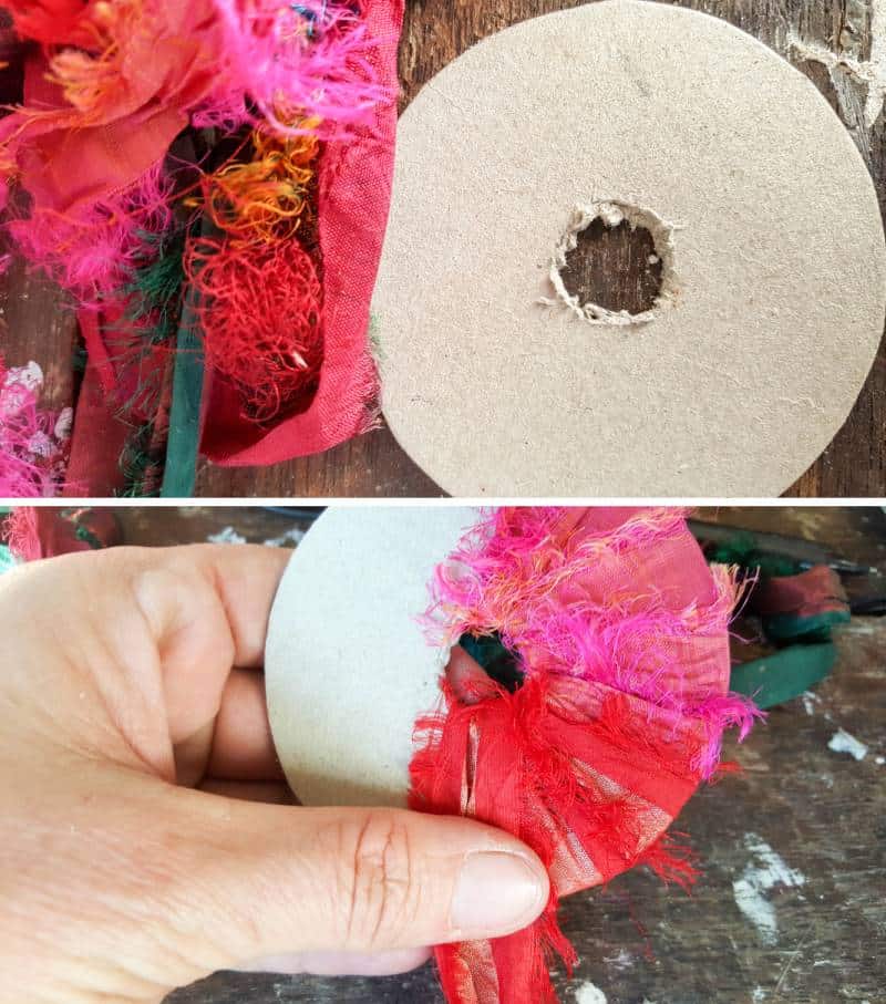 For the lid, wind the fabric scraps through the hole in the centre and around the outside of the circle