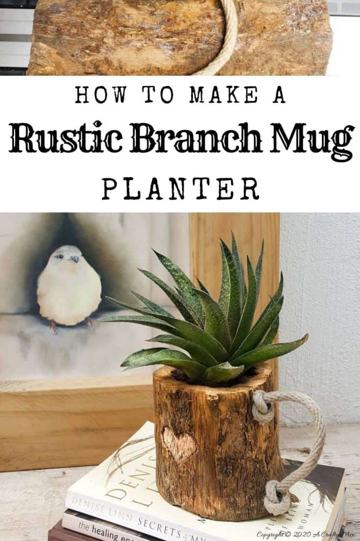 This eco-friendly branch mug planter is quick and easy to make and will add a touch of rustic elegance to your home decor. They make great gifts too #planterideas #acraftymix #ecofriendly #giftideas #branchrepurpose #branchmug