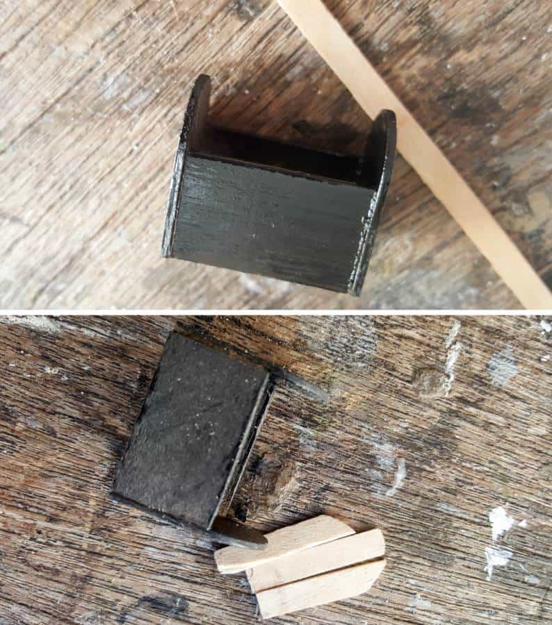 Paint the miniature treasure chest frame black and cut some ice-cream sticks to fit