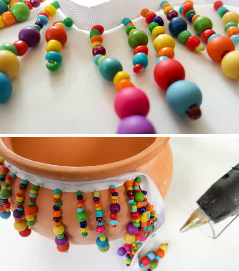 Use a hot glue gun to add the beaded ribbon.
