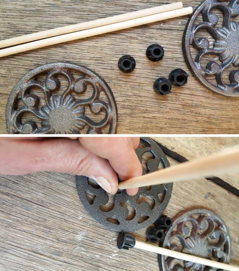 If you're adding metal wheels, glue rubber stopper to the wheels before inserting the skewers. If you wheels are wood use a drill to make a hole