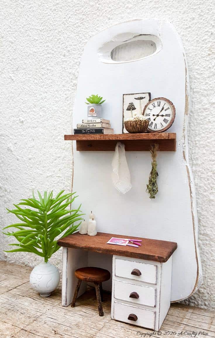 How to repurpose a cutting board and 5 easy tips and tricks to making and planning miniatures. This detailed tutorial includes how to make everything in the photo #miniaturetips #cuttingboardrepurpose #acraftymix #miniaturetricks #dioramas #Miniaturecraftroom