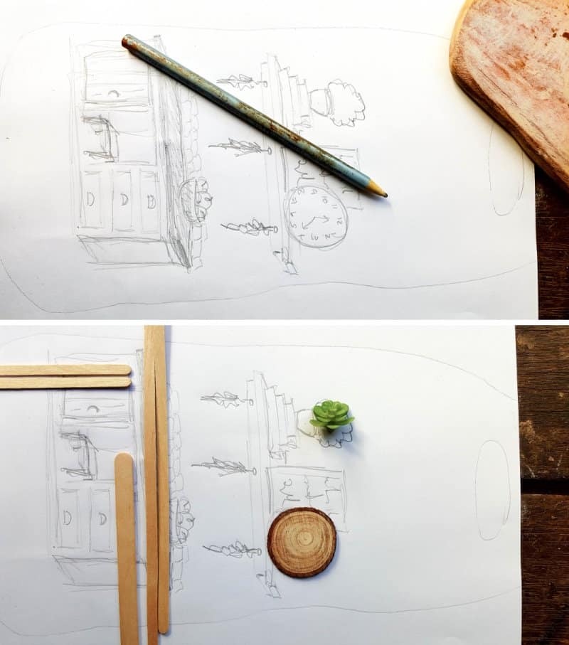 When planning a miniature I always do a rough sketch of what it will look like. The sketch helps me keep everything to scale.