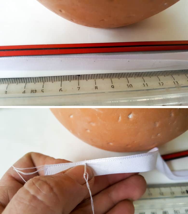 Measure the ribbon and mark every few centimetres as a guide for adding the beads