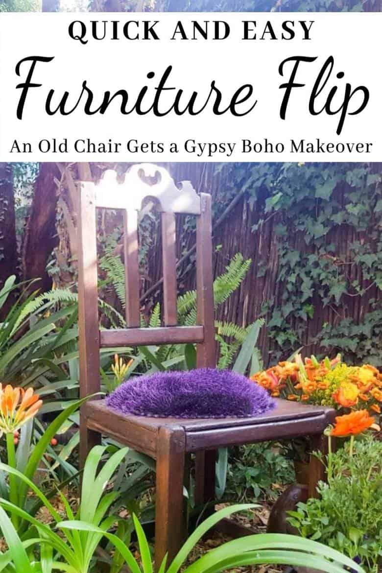 Celebrating nature and a well loved chair in true gypsy style. Bold beautiful colors and tactile fabrics mixed with well worn wood. What more do you need to add some boho magic to your decor? #gypsyDecor #chairrepurpose #ACraftyMix #heartcushion #bohodecor