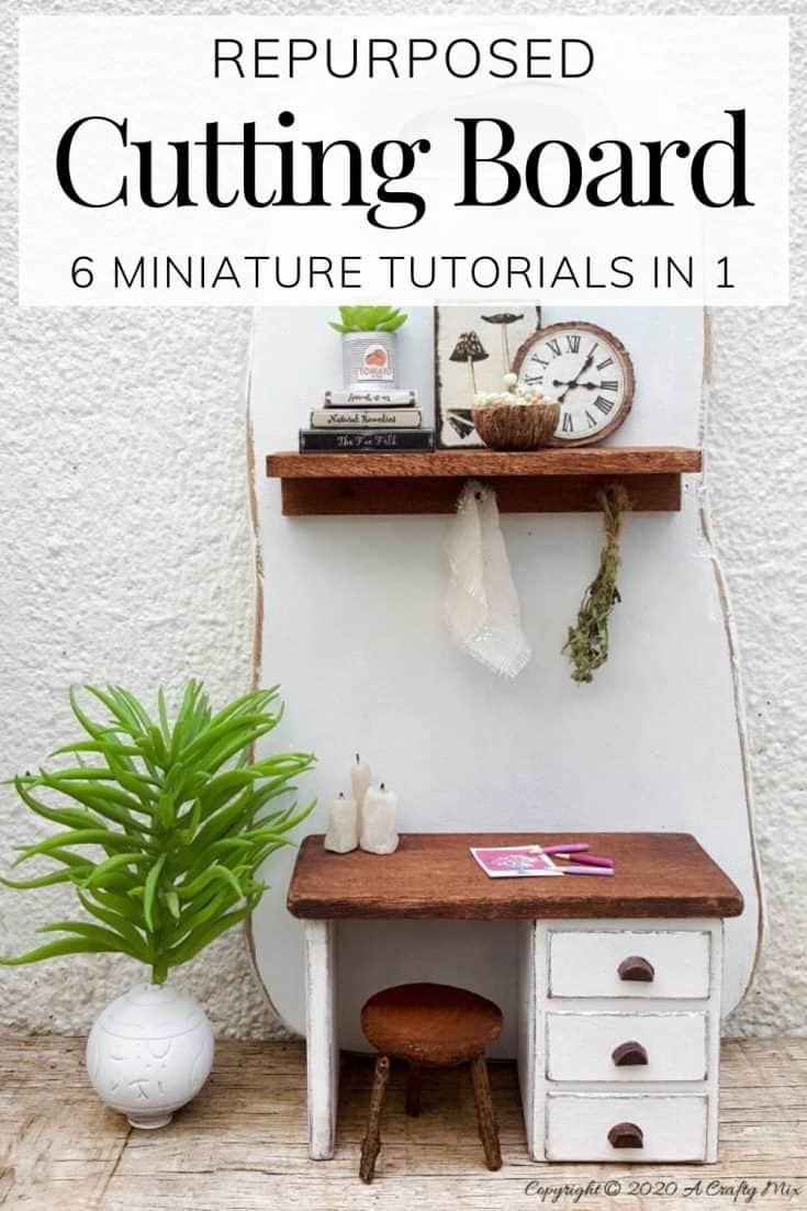 How to repurpose a cutting board and 5 easy tips and tricks to making and planning miniatures. This detailed tutorial includes how to make everything in the photo #miniaturetips #cuttingboardrepurpose #acraftymix #miniaturetricks #dioramas