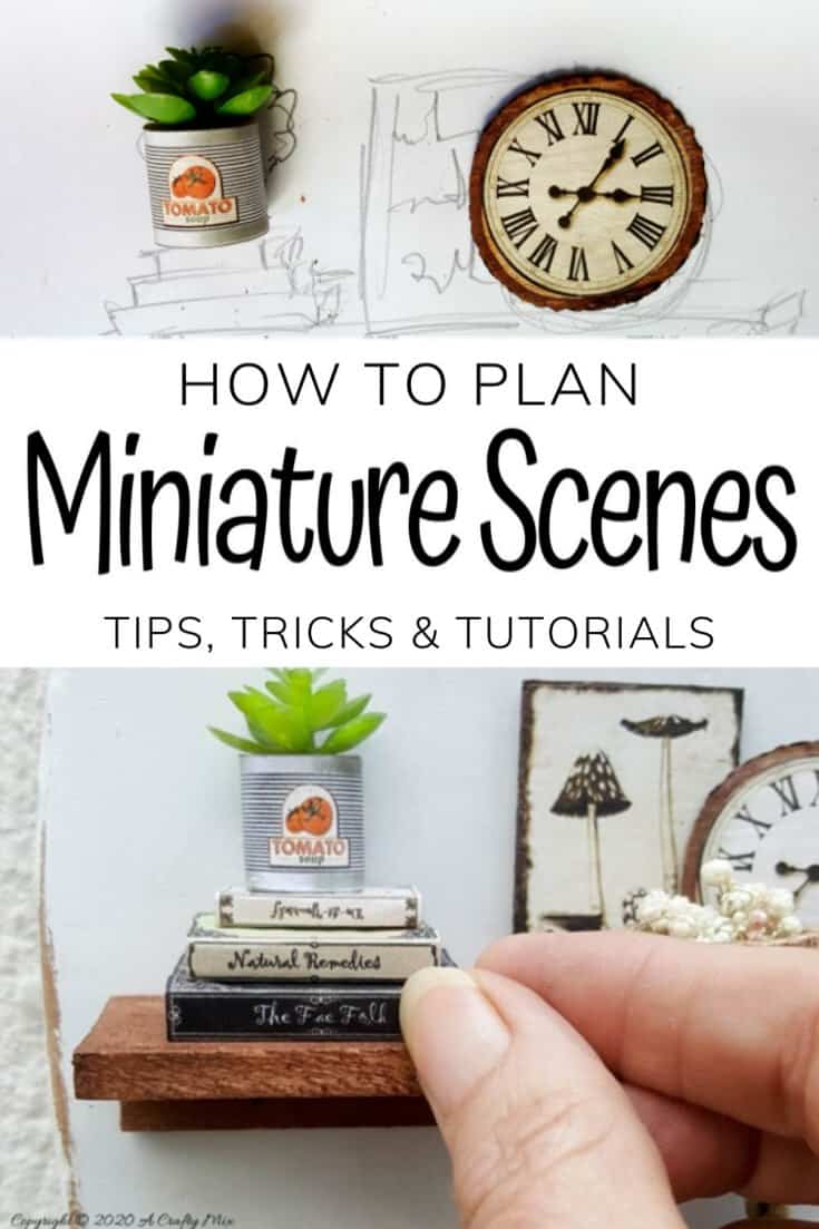 5 easy tips and tricks to making  miniatures. This detailed tutorial includes how to make everything in the photo and how to repurpose a cutting board and turn it into a miniature craft room #miniaturetips #cuttingboardrepurpose #acraftymix #miniaturetricks #dioramas