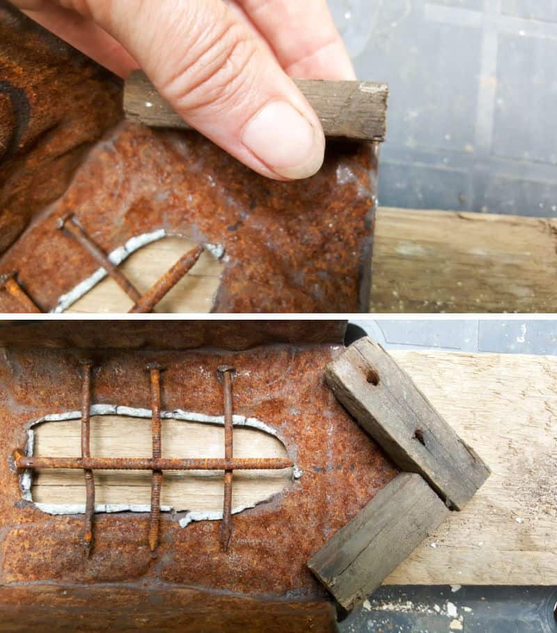 Cut two support beams and glue and nail them onto the back of the fairy bay window