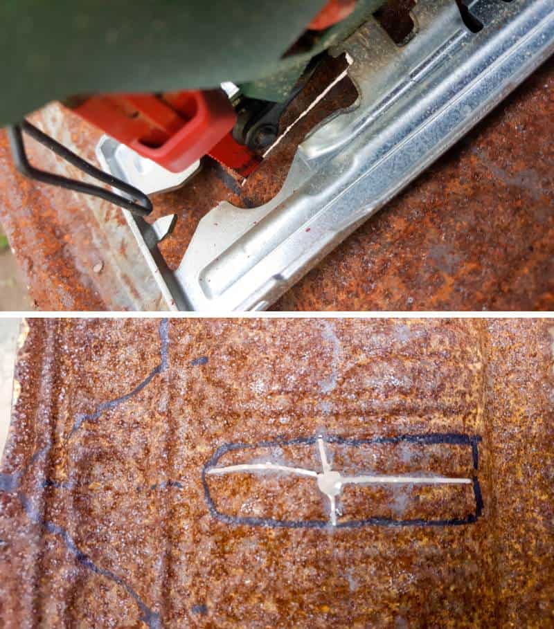 Use a jigsaw and metal blade to cut the window shape