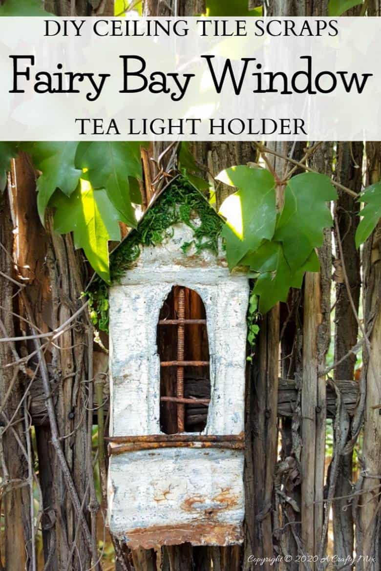 This easy to follow tutorial will show you to repurpose rusty scrap metal bits into a fairy bay window with lights. #FairyWindow #fairyCrafts #ACraftyMix #ScrapMetalRepurpose #TinCeilingTiles