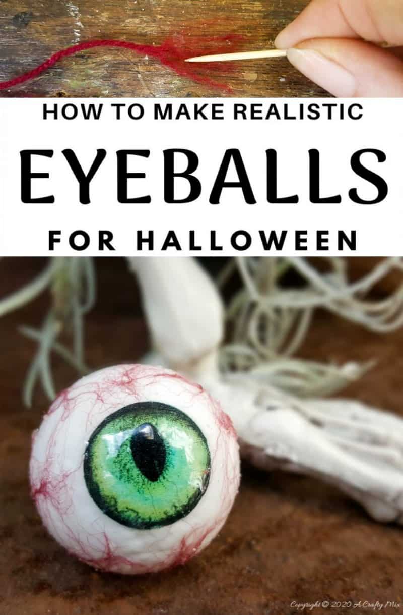 Up the creepy stakes this Halloween and make these realistic eyeballs. Quick and budget-friendly they'll add just the right spooky factor to your decor. The tutorial includes free "iris" printables to use #HalloweenDecor #CreepyEyeballs #ACraftyMix #FreePrintables