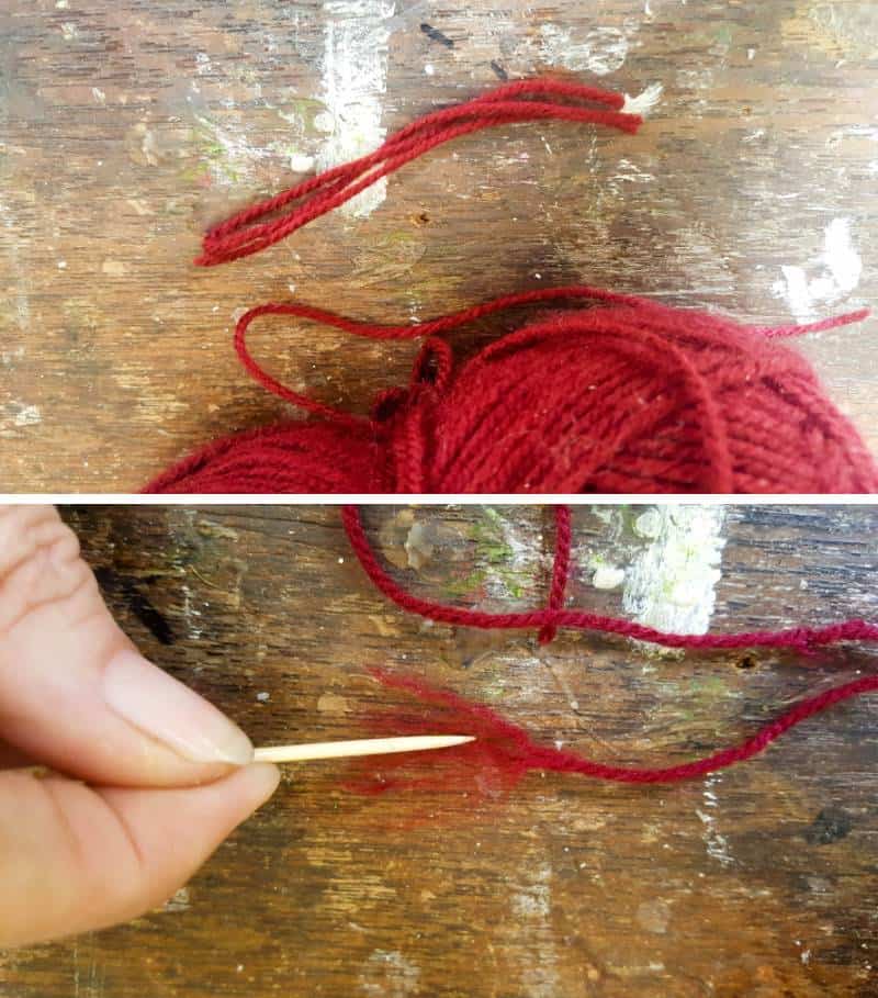 Cut the maroon yarn into strips and fray the edges using a toothpick