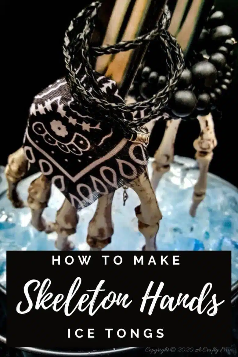 If you’re looking for a humerus Halloween repurpose idea that’s functional and guaranteed to make your guests smile, then you’ll love these skeleton hand ice tongs. #HalloweenCraft #SkeletonIceTongs #ACraftyMix #DIYHalloween #SkeletonTongs