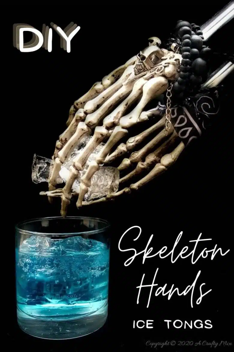 If you’re looking for a humerus Halloween repurpose idea that’s functional and guaranteed to make your guests smile, then you’ll love these skeleton hand ice tongs. #HalloweenCraft #SkeletonIceTongs #ACraftyMix #DIYHalloween #SkeletonTongs