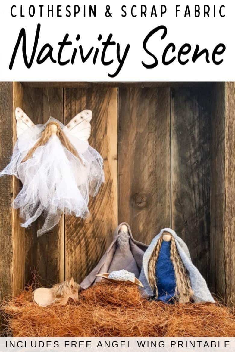This easy to follow tutorial will show you how to make a rustic clothespin Nativity scene out of fabric scraps and wooden pegs. The tutorial includes a &ldquo;free to download&rdquo; printable for the angel wings and detailed instructions to make Mary, Joseph, the Angel and baby Jesus #ClothesPinCrafts #DIYNativity #WoodenPegCrafts #ACraftyMix #ChristmasCrafts #NativityScene