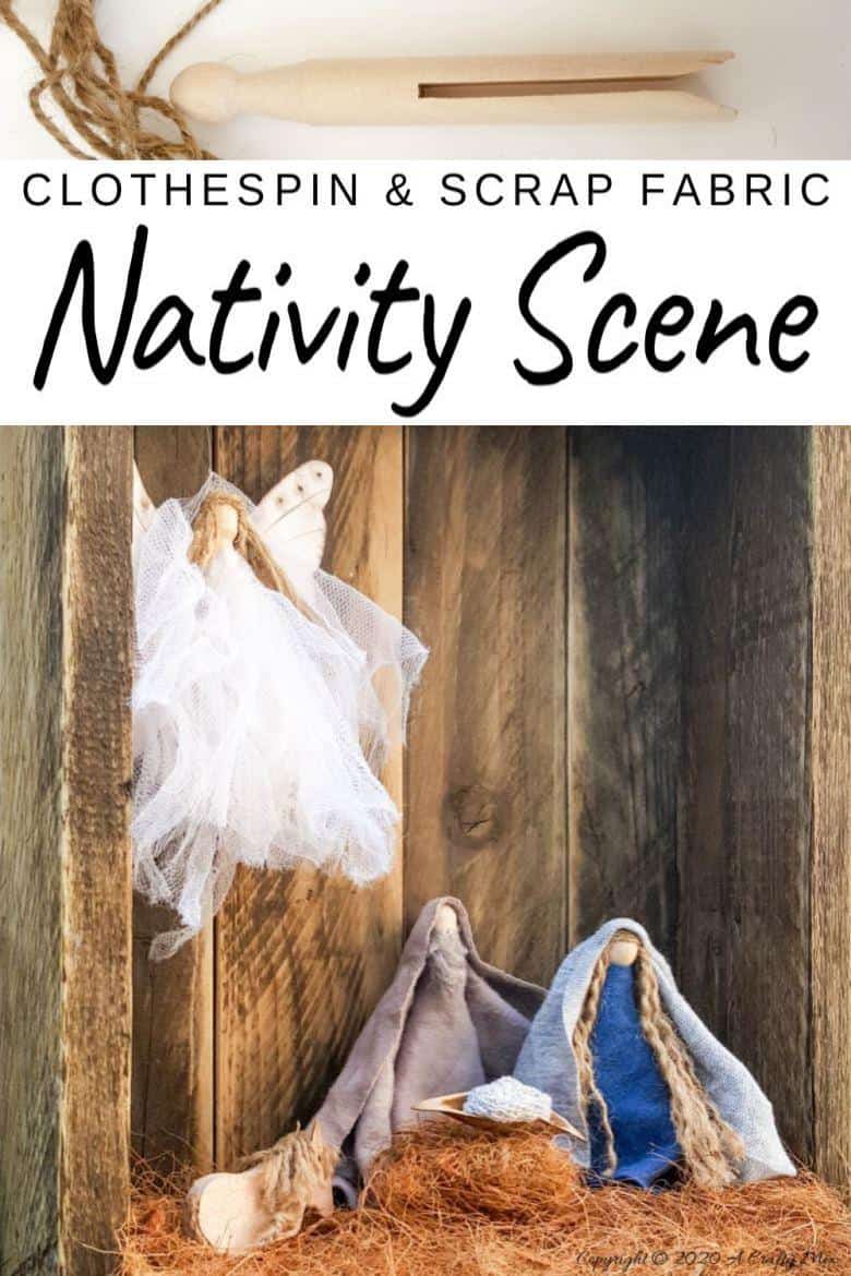 This easy to follow tutorial will show you how to make a rustic clothespin Nativity scene out of fabric scraps and wooden pegs. The tutorial includes a &ldquo;free to download&rdquo; printable for the angel wings and detailed instructions to make Mary, Joseph, the Angel and baby Jesus #ClothesPinCrafts #DIYNativity #WoodenPegCrafts #ACraftyMix #ChristmasCrafts #NativityScene