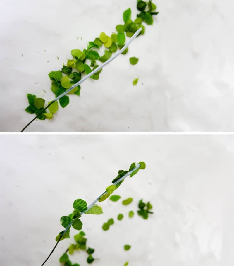To make fairy vines drag the florist wire through the cut leaves